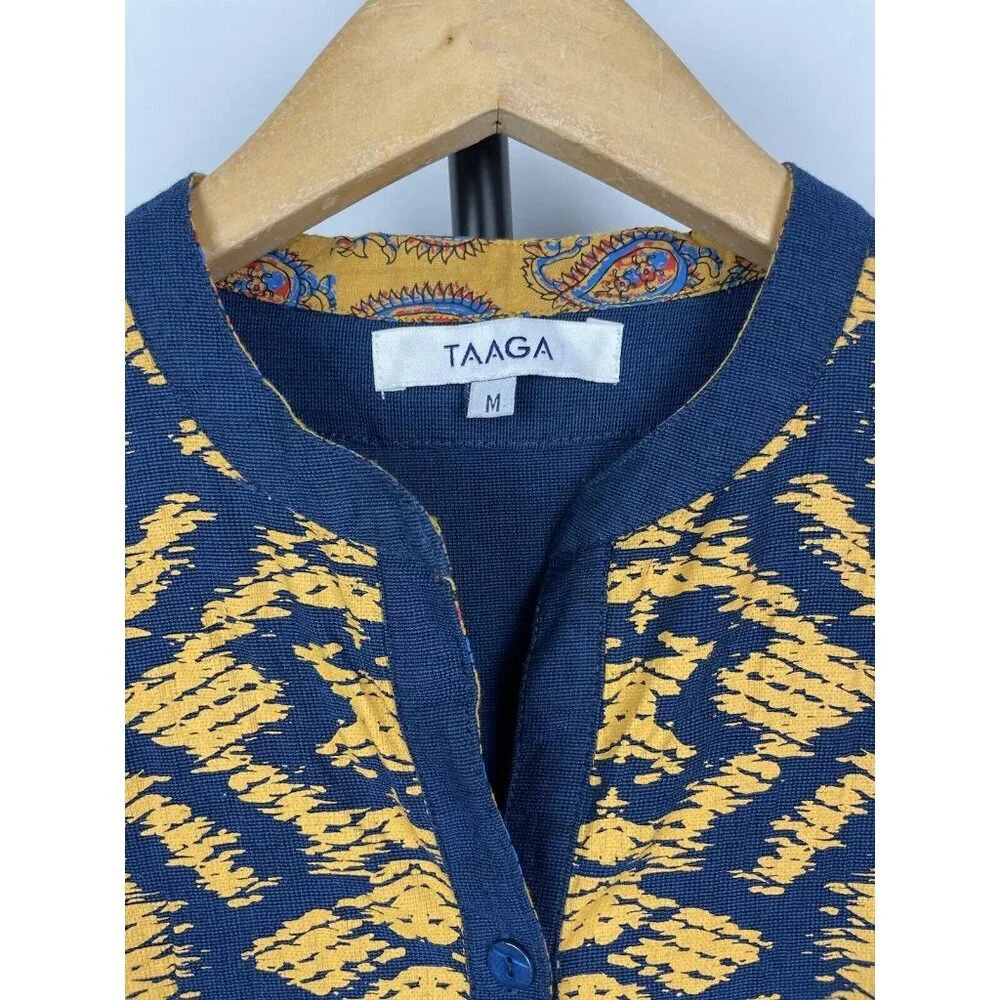 Taaga Blue Yellow Abstract Print Short Sleeve Midi Button Up Kaften Dress Size M